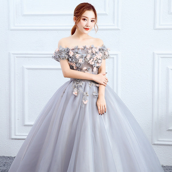 Elegant Evening Stage Off Shoulder Floral Embroidered A line Princess Skirt Long Dress Ball Gauze Gown