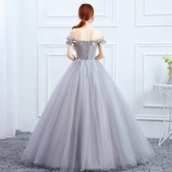 Elegant Evening Stage Off Shoulder Floral Embroidered A line Princess Skirt Long Dress Ball Gauze Gown