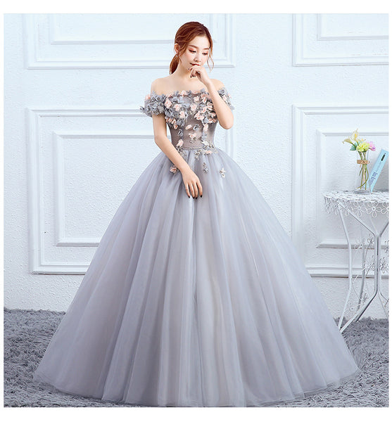 Elegant Evening Stage Off Shoulder Floral Embroidered A line Princess Skirt Long Dress Ball Gauze Gown