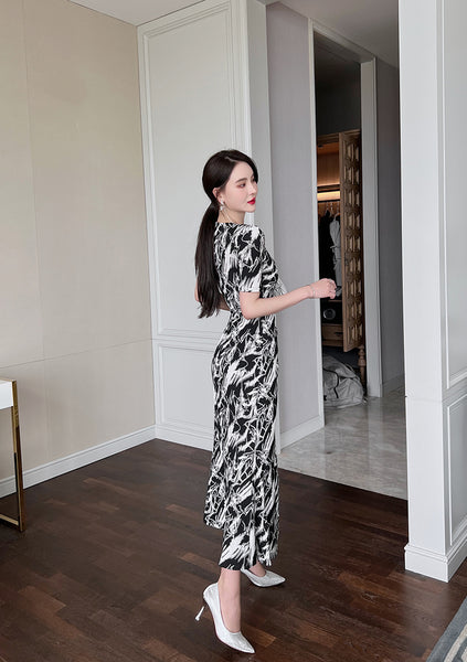 Summer Women Temperament Short Sleeves VNeck Wrap Side Slit Long Dress