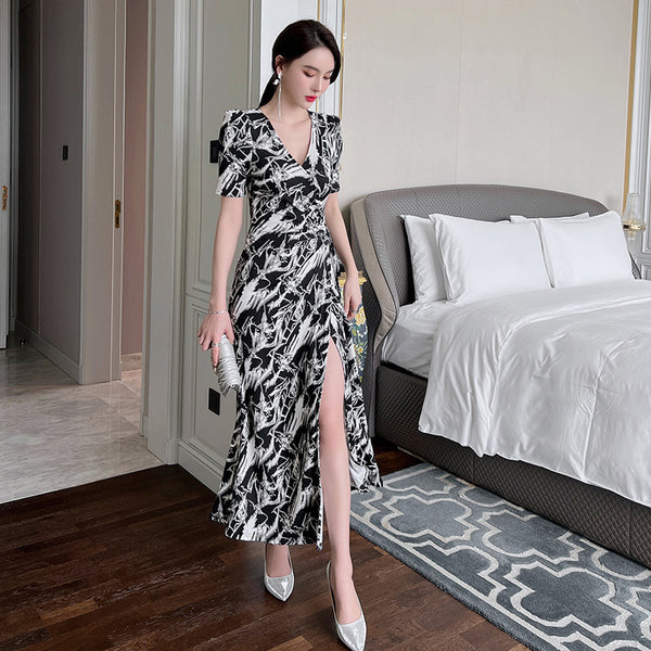 Summer Women Temperament Short Sleeves VNeck Wrap Side Slit Long Dress