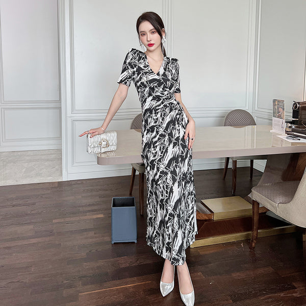 Summer Women Temperament Short Sleeves VNeck Wrap Side Slit Long Dress