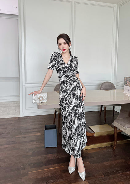 Summer Women Temperament Short Sleeves VNeck Wrap Side Slit Long Dress