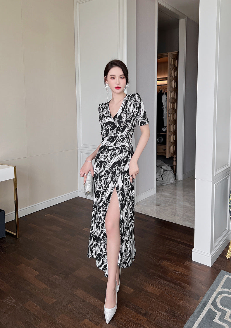 Summer Women Temperament Short Sleeves VNeck Wrap Side Slit Long Dress