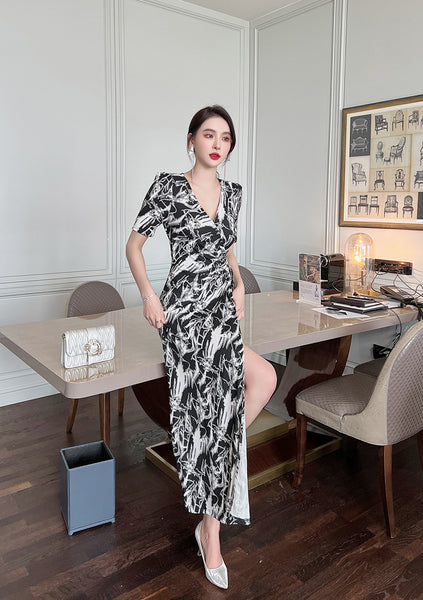 Summer Women Temperament Short Sleeves VNeck Wrap Side Slit Long Dress