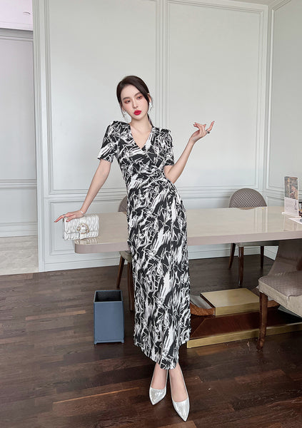 Summer Women Temperament Short Sleeves VNeck Wrap Side Slit Long Dress