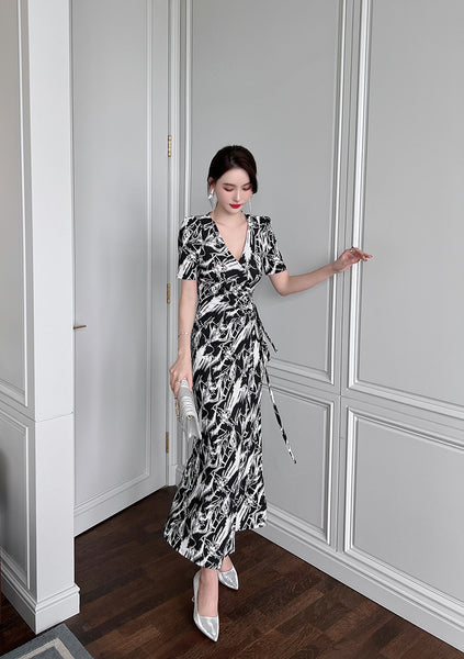 Summer Women Temperament Short Sleeves VNeck Wrap Side Slit Long Dress