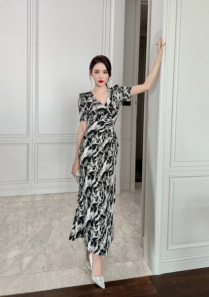 Summer Women Temperament Short Sleeves VNeck Wrap Side Slit Long Dress