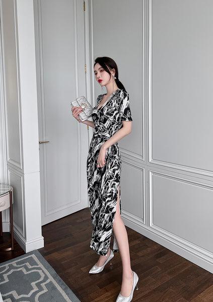 Summer Women Temperament Short Sleeves VNeck Wrap Side Slit Long Dress