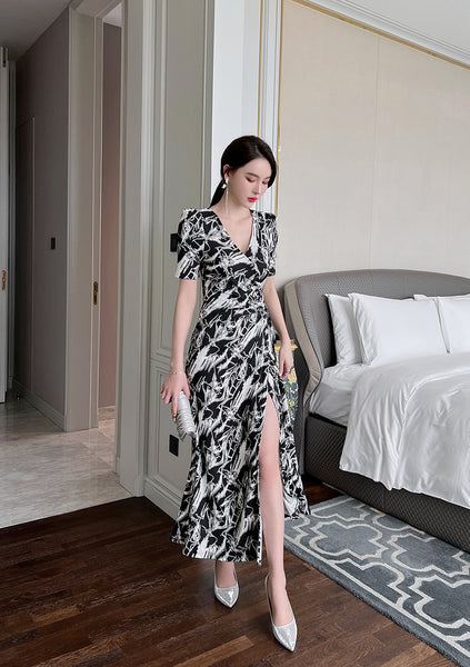 Summer Women Temperament Short Sleeves VNeck Wrap Side Slit Long Dress