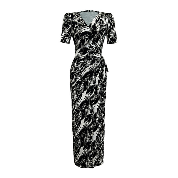 Summer Women Temperament Short Sleeves VNeck Wrap Side Slit Long Dress