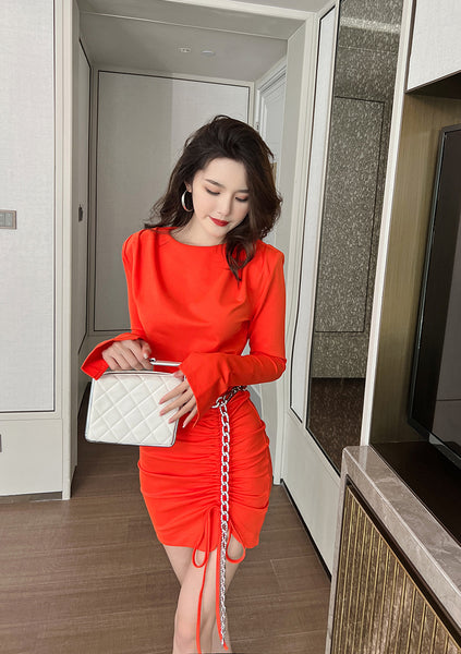 Spring Sexy New Orange Sheath Faux Long Sleeve Fit Pleated Mini Dress