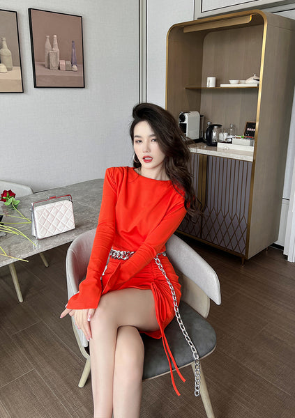 Spring Sexy New Orange Sheath Faux Long Sleeve Fit Pleated Mini Dress
