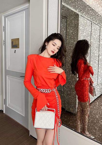 Spring Sexy New Orange Sheath Faux Long Sleeve Fit Pleated Mini Dress