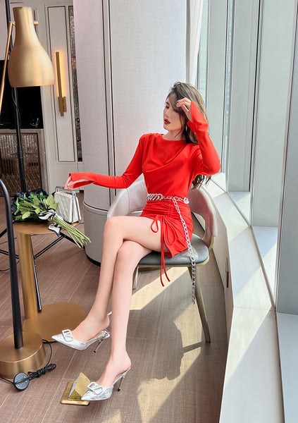 Spring Sexy New Orange Sheath Faux Long Sleeve Fit Pleated Mini Dress