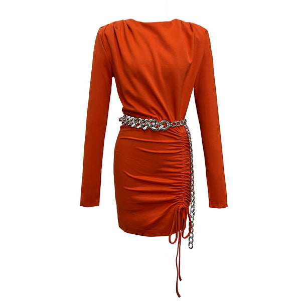 Spring Sexy New Orange Sheath Faux Long Sleeve Fit Pleated Mini Dress