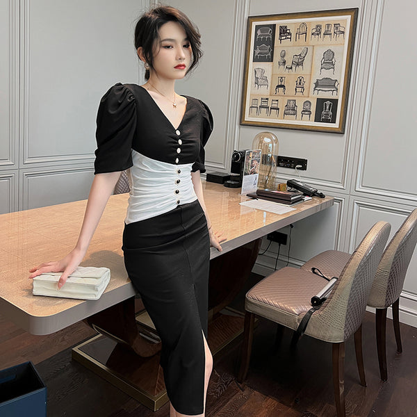 Summer Temperament Women Puff Sleeve Waist Black White Mixed Color Side Slit Dress