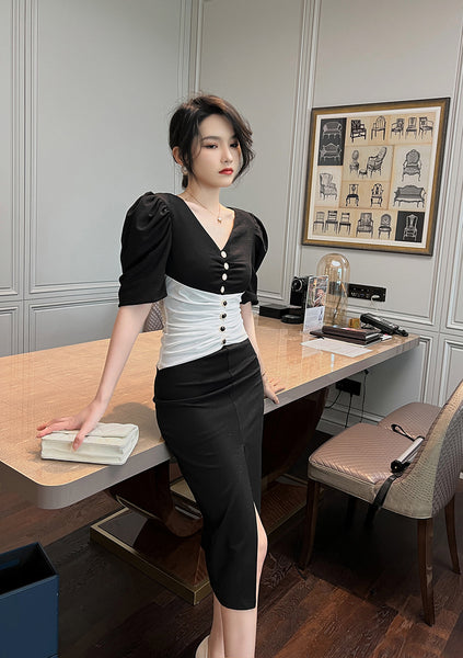 Summer Temperament Women Puff Sleeve Waist Black White Mixed Color Side Slit Dress