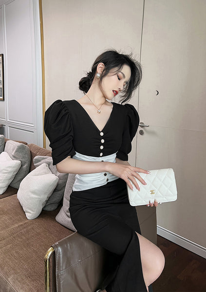 Summer Temperament Women Puff Sleeve Waist Black White Mixed Color Side Slit Dress