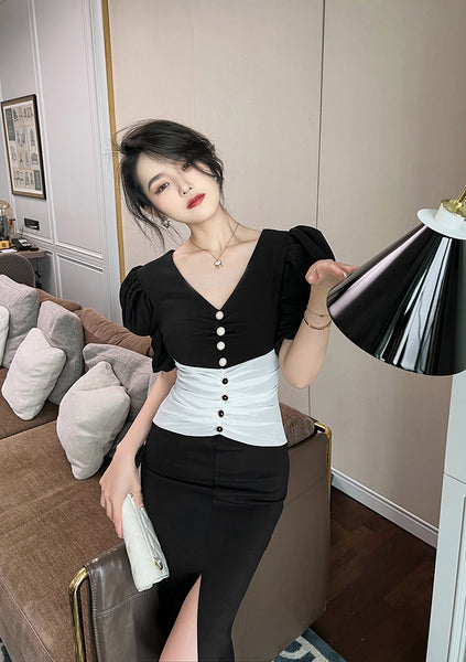 Summer Temperament Women Puff Sleeve Waist Black White Mixed Color Side Slit Dress