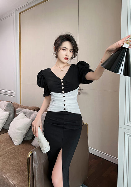 Summer Temperament Women Puff Sleeve Waist Black White Mixed Color Side Slit Dress
