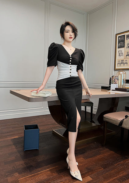 Summer Temperament Women Puff Sleeve Waist Black White Mixed Color Side Slit Dress