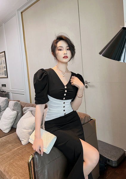Summer Temperament Women Puff Sleeve Waist Black White Mixed Color Side Slit Dress