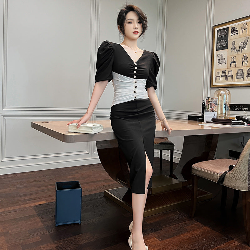 Summer Temperament Women Puff Sleeve Waist Black White Mixed Color Side Slit Dress