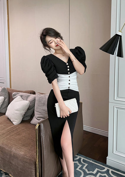 Summer Temperament Women Puff Sleeve Waist Black White Mixed Color Side Slit Dress
