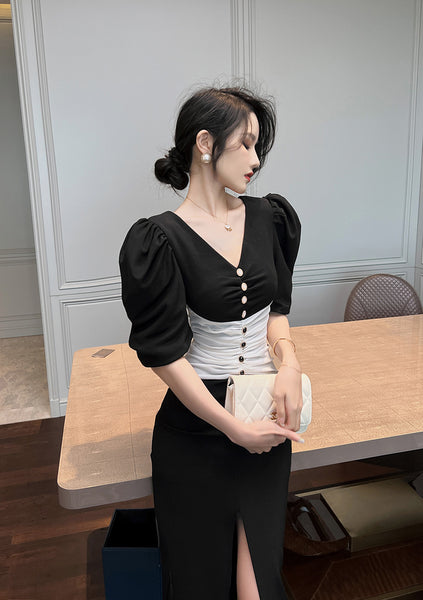 Summer Temperament Women Puff Sleeve Waist Black White Mixed Color Side Slit Dress