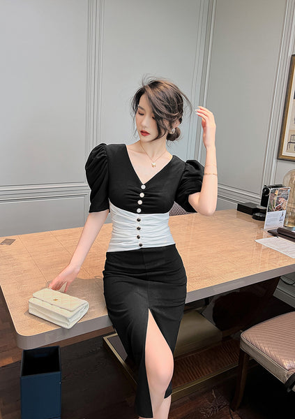 Summer Temperament Women Puff Sleeve Waist Black White Mixed Color Side Slit Dress