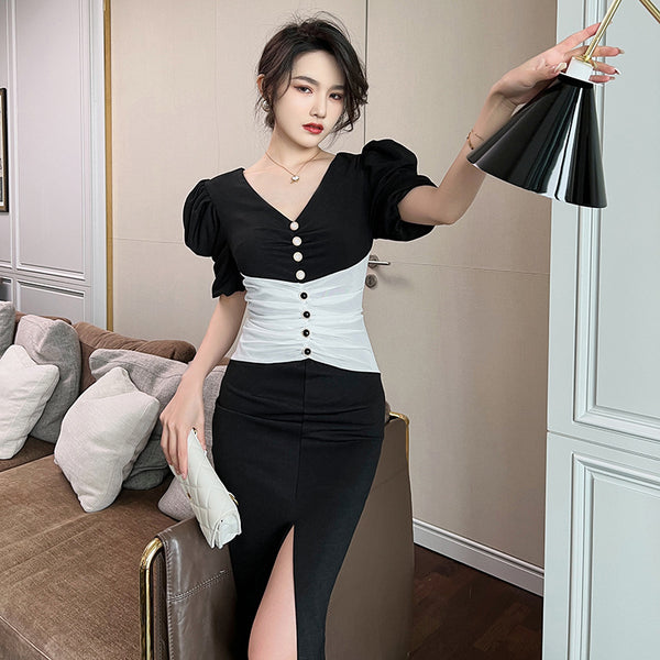 Summer Temperament Women Puff Sleeve Waist Black White Mixed Color Side Slit Dress
