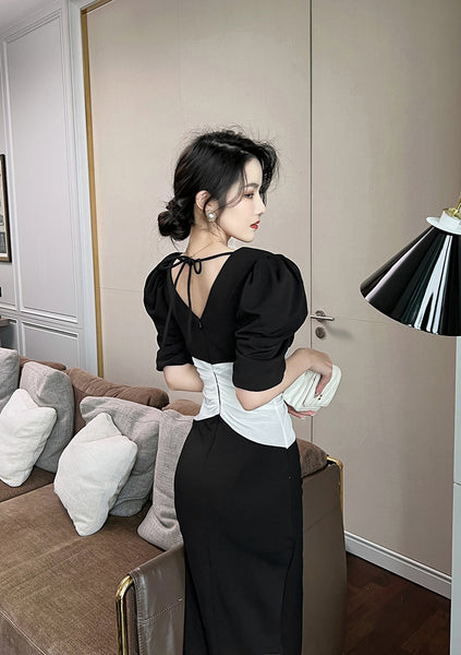 Summer Temperament Women Puff Sleeve Waist Black White Mixed Color Side Slit Dress