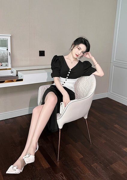 Summer Temperament Women Puff Sleeve Waist Black White Mixed Color Side Slit Dress