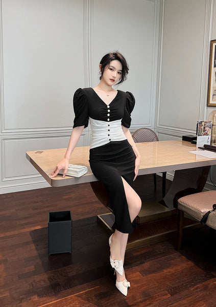 Summer Temperament Women Puff Sleeve Waist Black White Mixed Color Side Slit Dress
