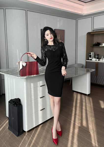 Spring Temperament Round Neck Lace Mesh Stitching Long Sleeves Hip Wrap Dress