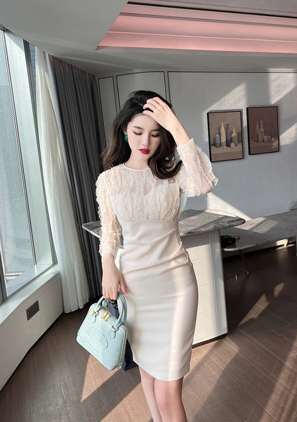 Spring Temperament Round Neck Lace Mesh Stitching Long Sleeves Hip Wrap Dress