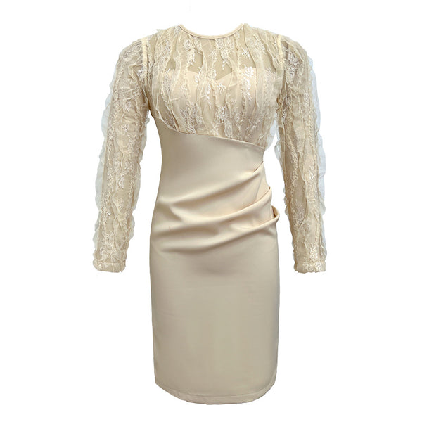 Spring Temperament Round Neck Lace Mesh Stitching Long Sleeves Hip Wrap Dress
