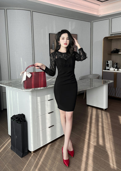 Spring Temperament Round Neck Lace Mesh Stitching Long Sleeves Hip Wrap Dress