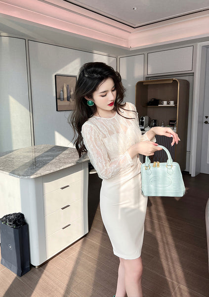 Spring Temperament Round Neck Lace Mesh Stitching Long Sleeves Hip Wrap Dress