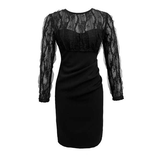 Spring Temperament Round Neck Lace Mesh Stitching Long Sleeves Hip Wrap Dress