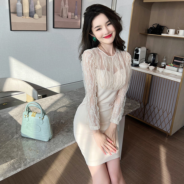 Spring Temperament Round Neck Lace Mesh Stitching Long Sleeves Hip Wrap Dress
