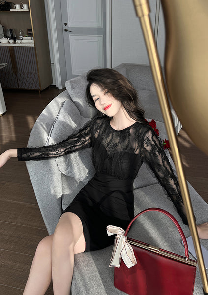 Spring Temperament Round Neck Lace Mesh Stitching Long Sleeves Hip Wrap Dress