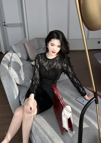 Spring Temperament Round Neck Lace Mesh Stitching Long Sleeves Hip Wrap Dress