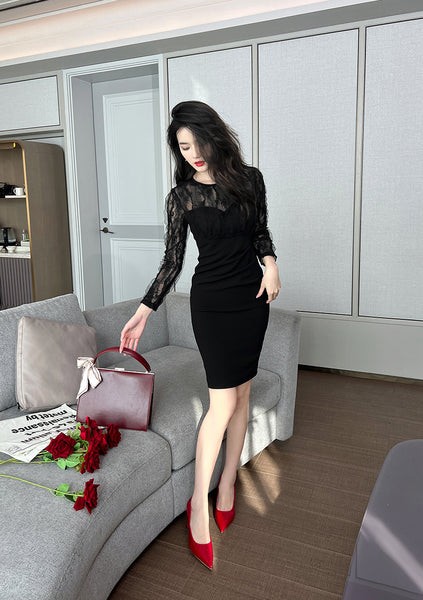 Spring Temperament Round Neck Lace Mesh Stitching Long Sleeves Hip Wrap Dress