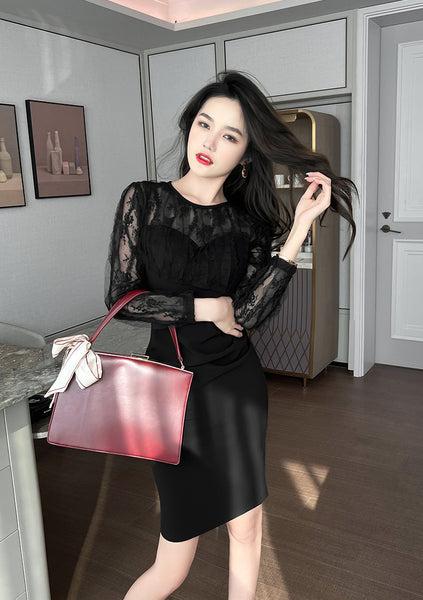 Spring Temperament Round Neck Lace Mesh Stitching Long Sleeves Hip Wrap Dress