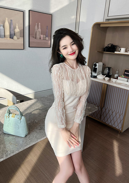 Spring Temperament Round Neck Lace Mesh Stitching Long Sleeves Hip Wrap Dress