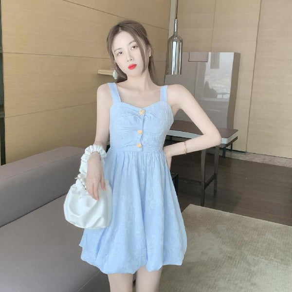 Retro Temperament Sweetie Women Sleeveless Sling High Waist Holiday Beach Dress