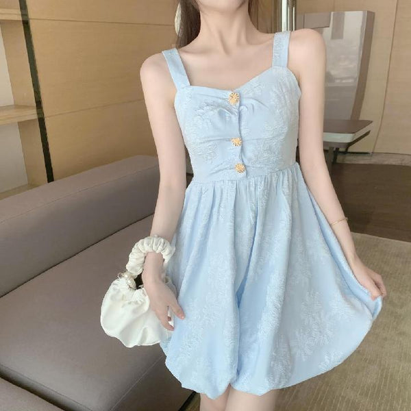 Retro Temperament Sweetie Women Sleeveless Sling High Waist Holiday Beach Dress