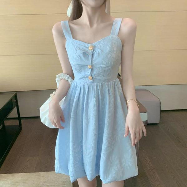 Retro Temperament Sweetie Women Sleeveless Sling High Waist Holiday Beach Dress